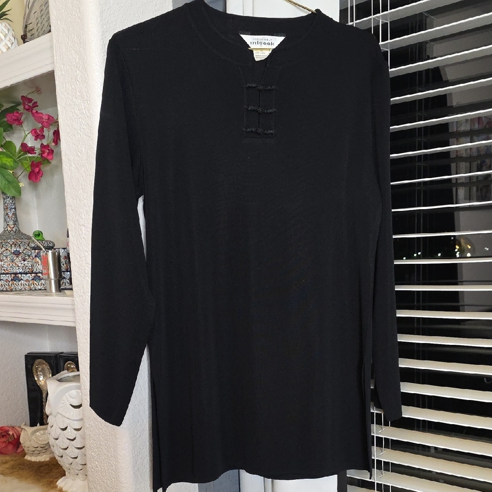 Misook Elegant Black Tunic Mandrin Style Side Slits Medium
